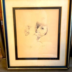 Lithograph of a Girl Holding a Flower.